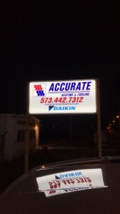 Our new sign at night! We're proud to server customers in Columbia, MO and across mid-Missouri with any AC repair or heating needs.