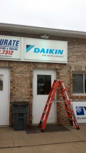 The sign outside Accurate Heating & Cooling lets clients in Columbia, Mo know we use the best Daikin HVAC products.